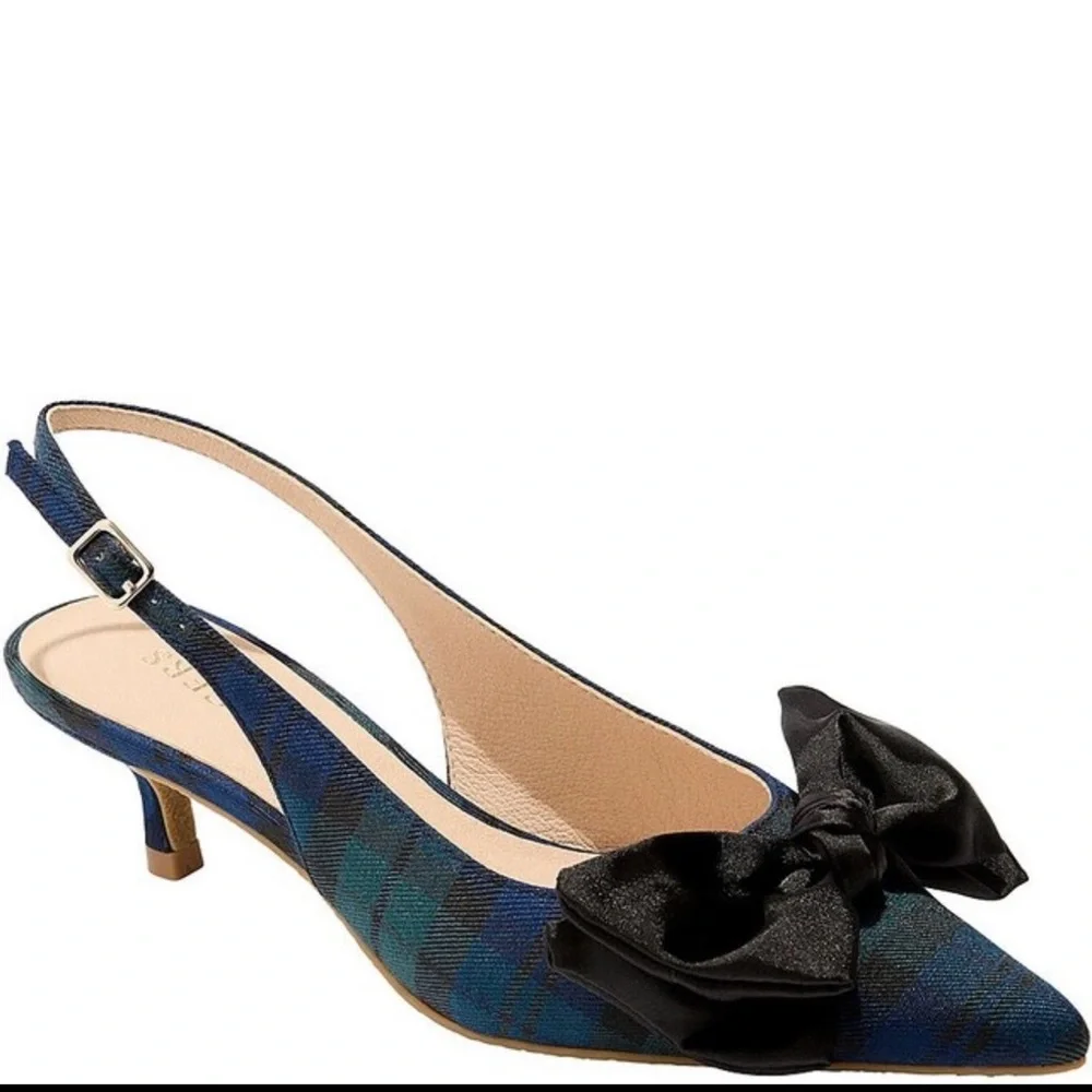 Jack Rogers Debra Tartan Plaid Satin Bow Slingback Kitten Heel Pumps 7.5 7 1/2 - Picture 2 of 5